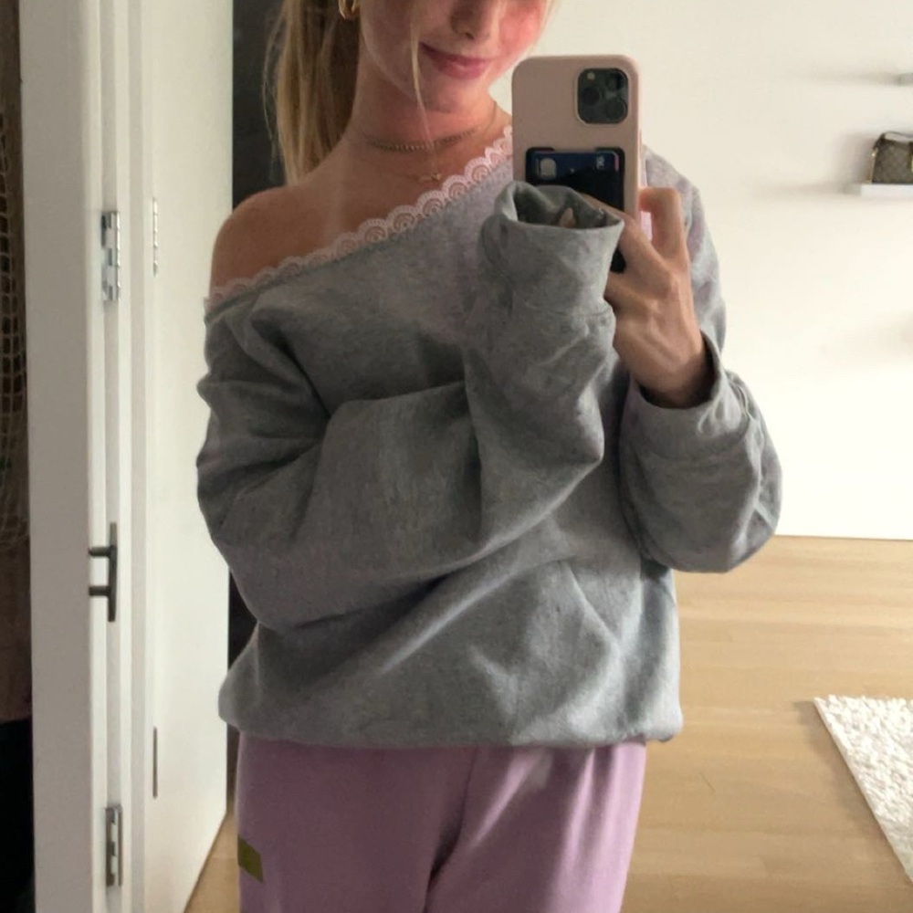 Gray Off-Shoulder Women's Sweater with sewn on lace trim